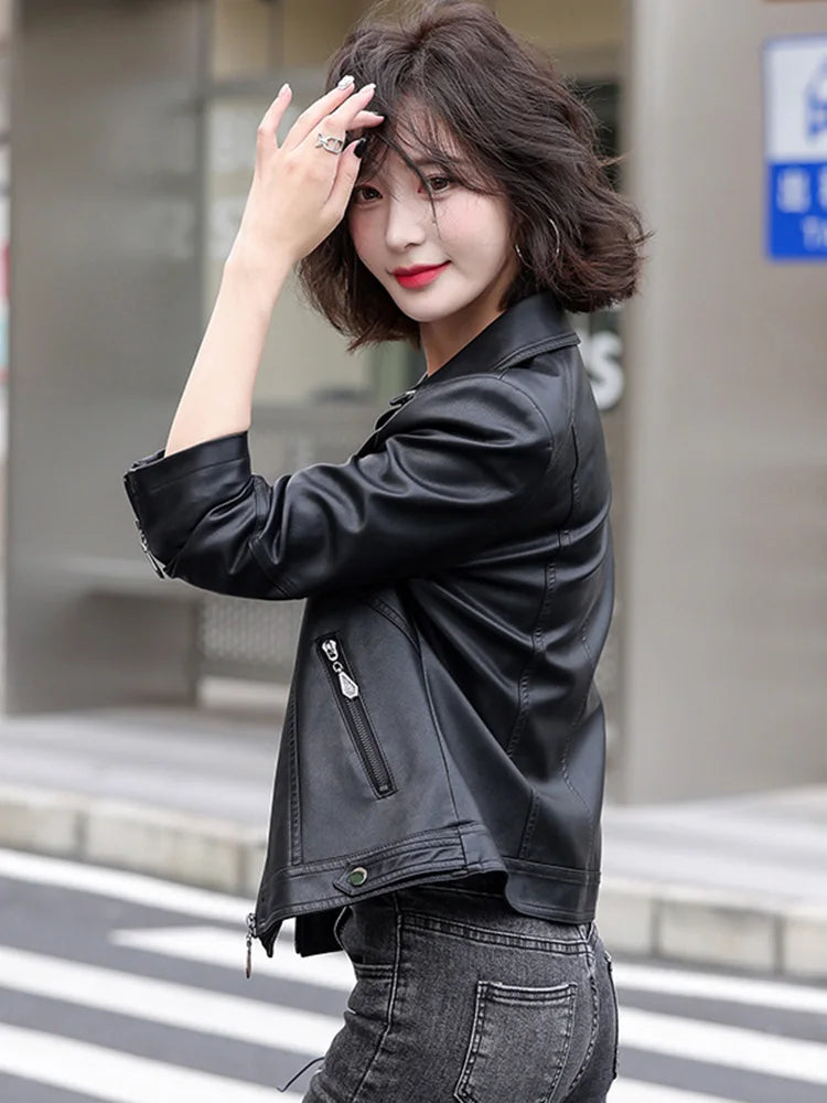 New Women Spring Autumn Leather Jacket Fashion Suit Collar Long Sleeve Motorcycle Jacket Casual Short Biker Coat Split Leather