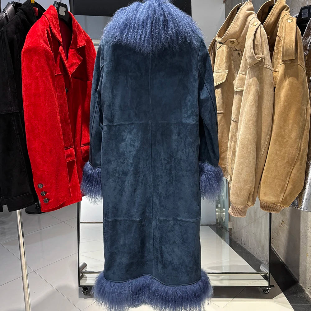 YOLOAgain Mongolia Sheep Fur Collar Real Leather Coat Women Suede Jacket 2025 Winter Outerwear