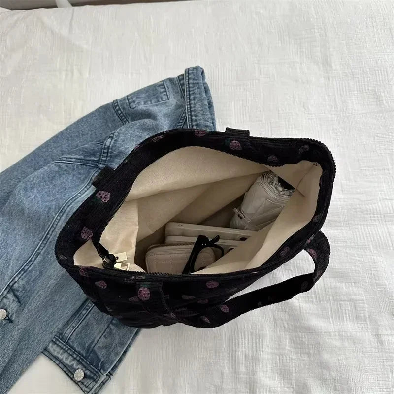 Corduroy Handbag Strawberry Print Beach Bag Fashion Large Capacity Tote Bag for Women Versatile Commuter Shoulder Bag Bolsos