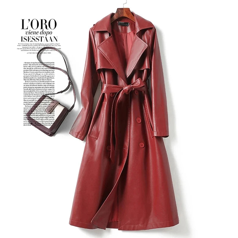 Vintage Wine Red Women's Split Sheep Leather Trench Coats Fashion Double-breasted Lace-up Belt Ladies Mid Long Sheepskin Outwear