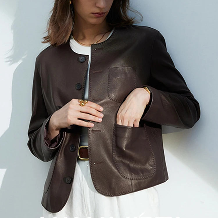 Women's Autumn Clothing European High Quality Sheepskin Casual O-Neck Single-Breasted Coffee Litchi Stria Genuine Leather Jacket
