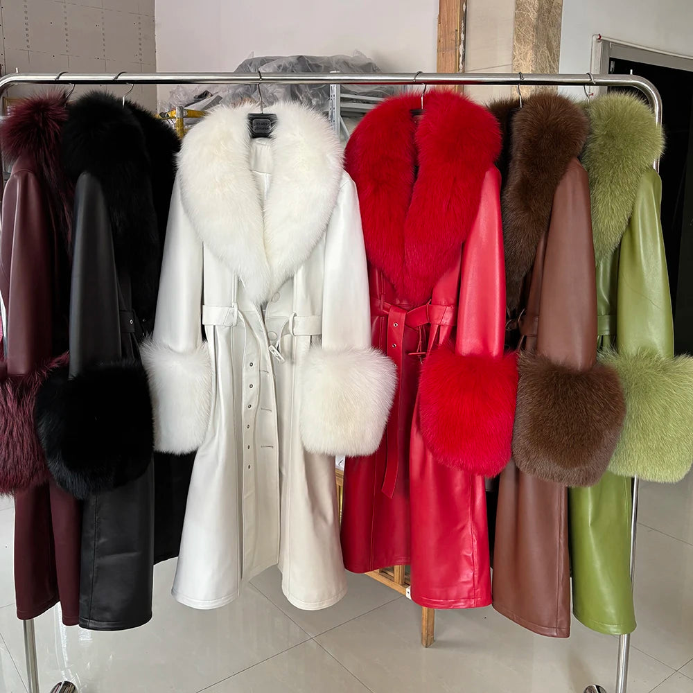 YOLOAgain Burgundy Real Fox Fur Collar Leather Trench Coat Women Genuine Leather Jacket Long Female