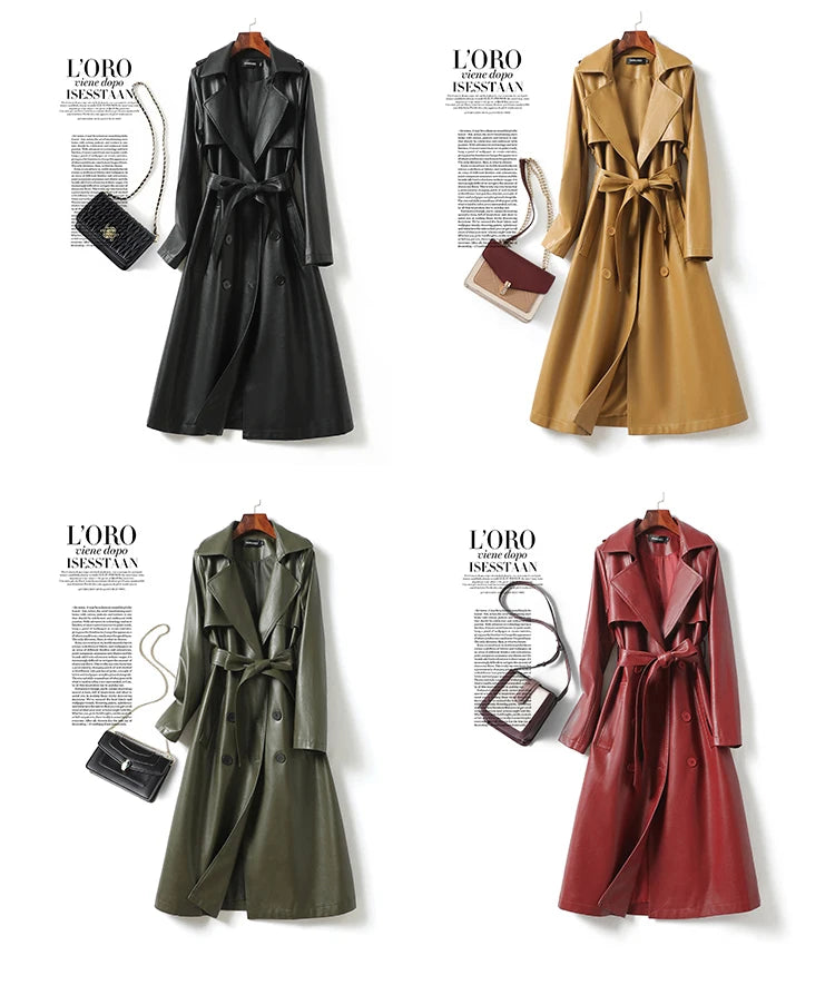 Vintage Wine Red Women's Split Sheep Leather Trench Coats Fashion Double-breasted Lace-up Belt Ladies Mid Long Sheepskin Outwear