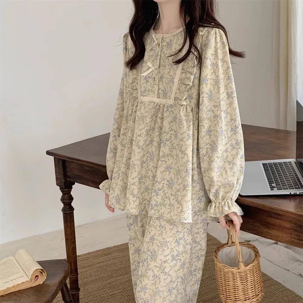 Women Plus Size Pajamas Garden Style Student Homewear Two-Piece Korean Version of the Bow Can Be Worn Outside Long-Sleeved Women