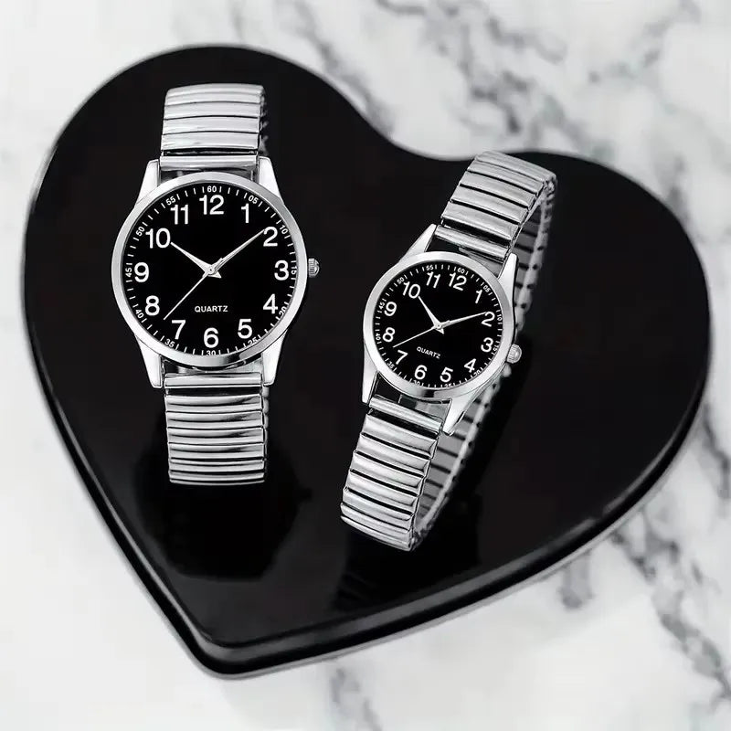 1/2PCS Fashion Couple Watches Simple Arabic Dial Men Quartz Watch Elastic Band Women Wristwatches