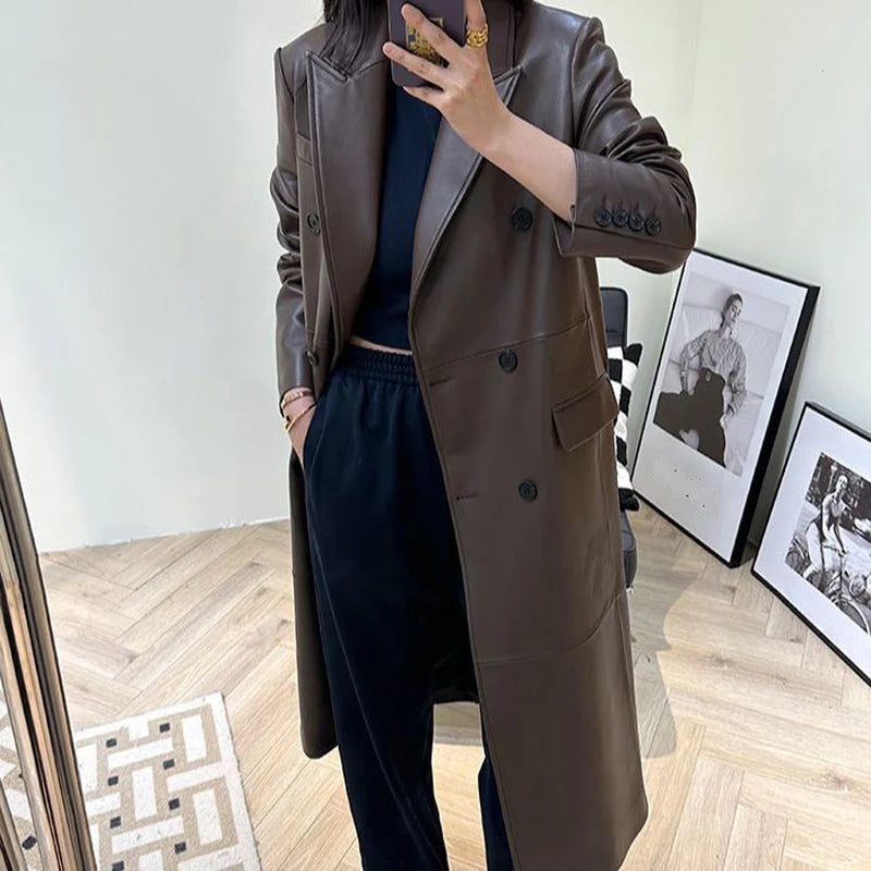 LUXURY Leather Outer Garment Women 2026 Suit Collar Double-Breasted Black Coffee Long Coat Women Streetwear Gabardina de Mujer