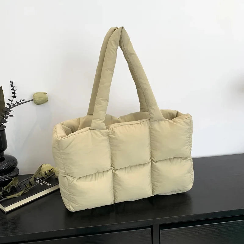 Quilted Plaid Bag Women Tote Handbags Retro Trendy Checkered Waterproof Shoulder Bag Solid Color Winter Soft Large Capacity Bags