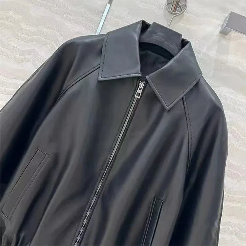 Real Leather Clothing for Women Lapel Drawstring Silhouette Short Coat Female Genuine Sheepskin Balloon Jacket Bomber Femme