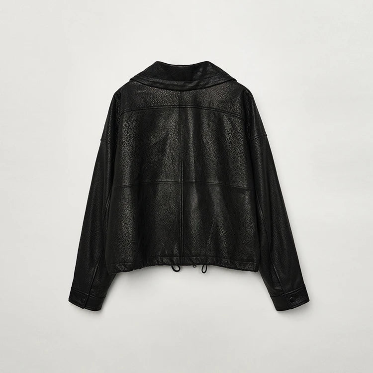 Real Leather Jacket Women Autumn High Stand Collar Drawstring Double Zippers Locomotive Retro Short Sheepskin Coat Kurtka Damska