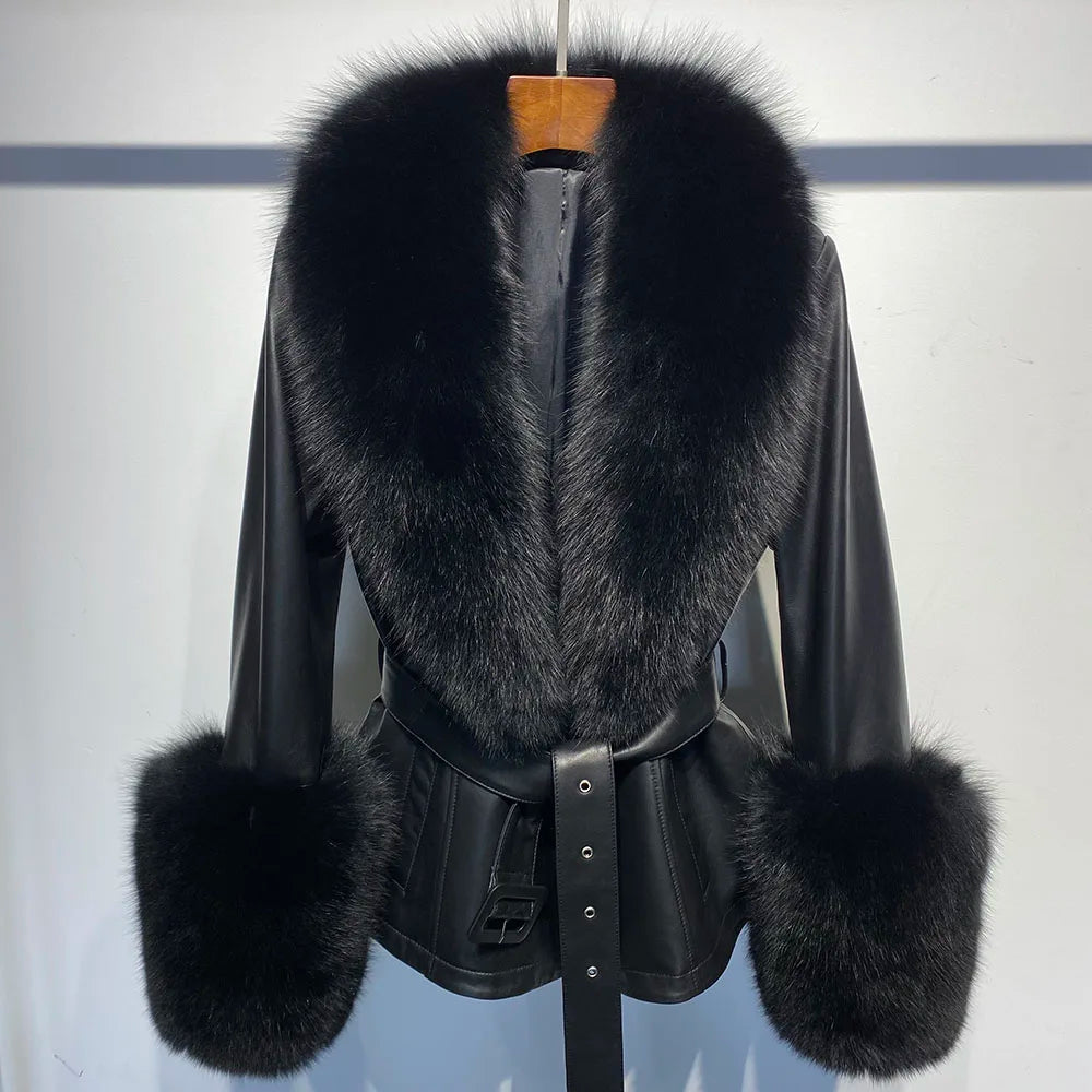 YOLOAgain Women's Real Fox Fur Collar Sheepskin Leather Jacket Coat Autumn 2025