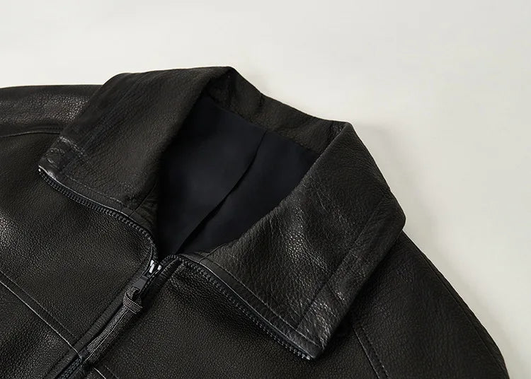 Real Leather Jacket Women Autumn High Stand Collar Drawstring Double Zippers Locomotive Retro Short Sheepskin Coat Kurtka Damska