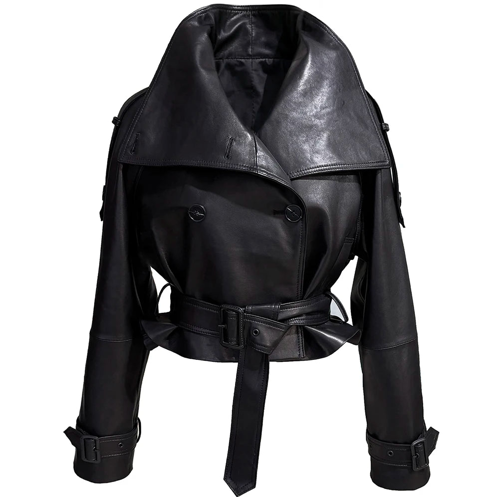 YOLOAgain Funnel Neck Real Leather Jacket Women Double Breasted Suede Jacket With Belt Streetwear