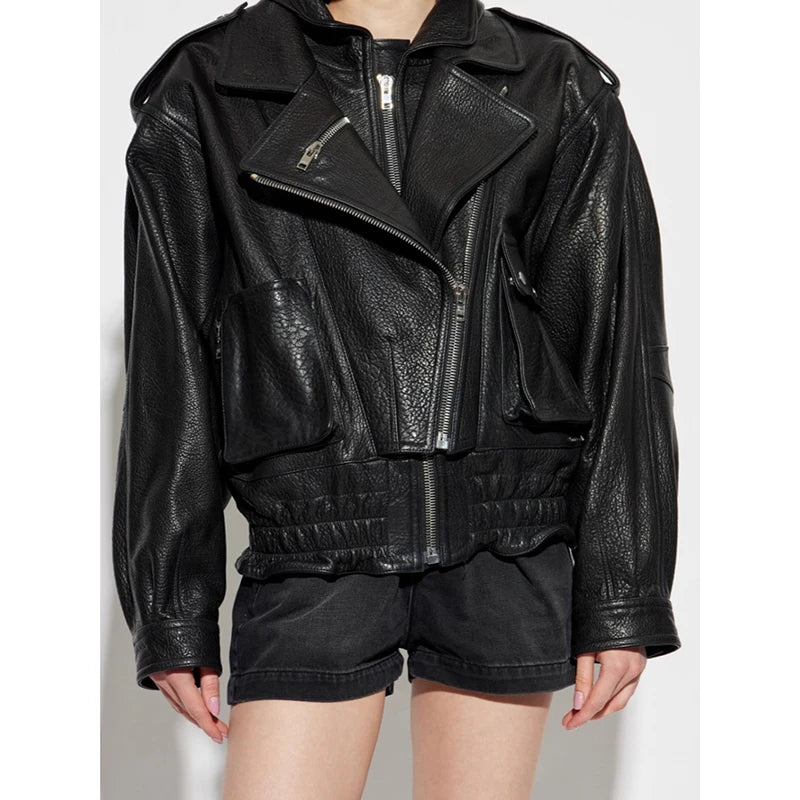 Leather Coat Autumn Winter Women Vintage Fashion Double Collar Lychee Pattern Sheepskin Bubble Leather Zipper Motorcycle Jacket