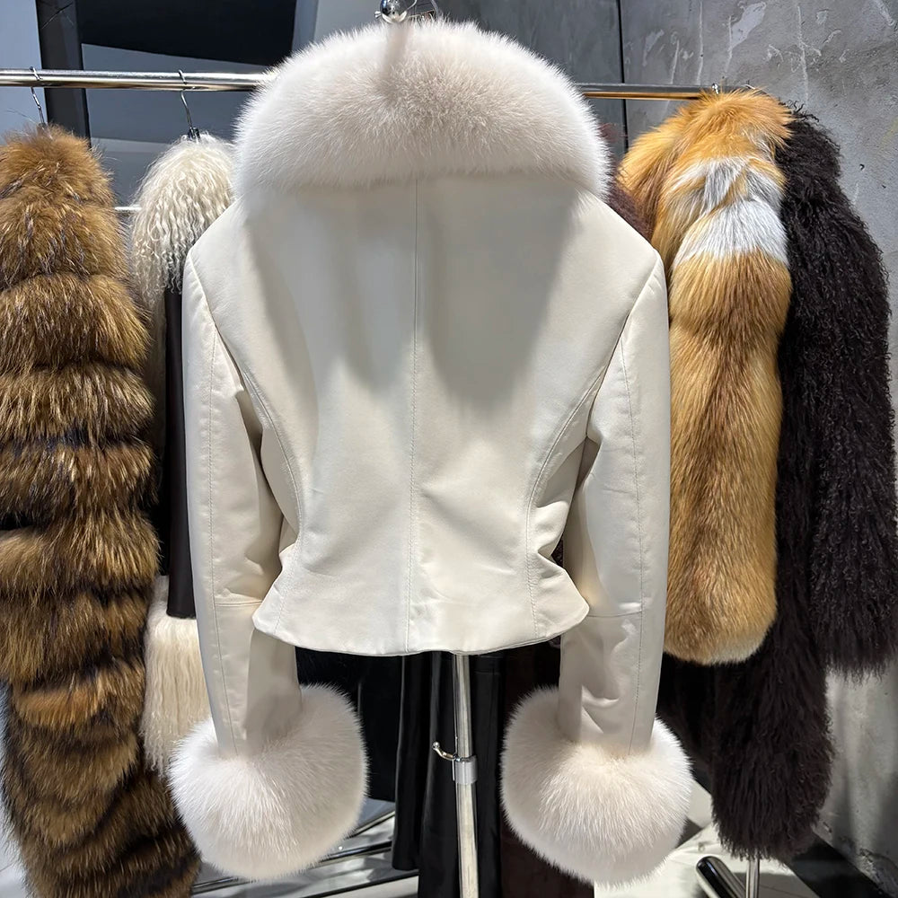 YOLOAgain Real Leather Jacket Women With Fox Fur Collar Cuffs Slim Fit Genuine Sheepskin Coat Female