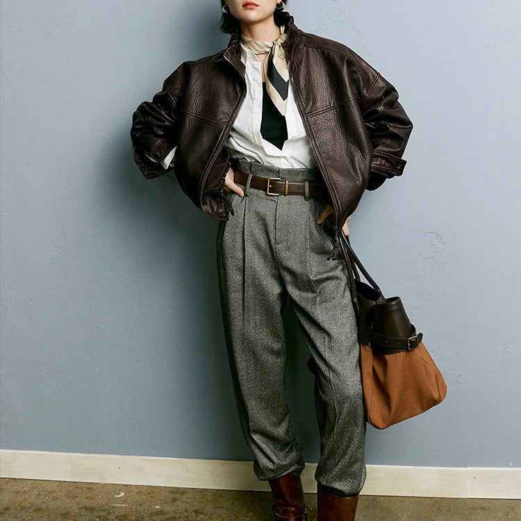 Real Leather Jacket Women Autumn High Stand Collar Drawstring Double Zippers Locomotive Retro Short Sheepskin Coat Kurtka Damska