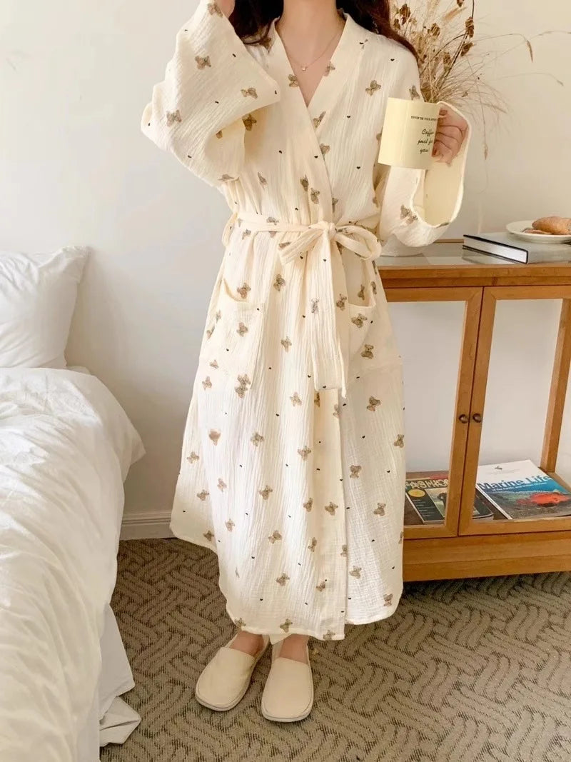 Women Bathing Robe Cartoon Cute Bear Print Bathrobe Nightgown Cardigan Long Sleeve Nightdress Plus Size Loungewear Nightgown Ro