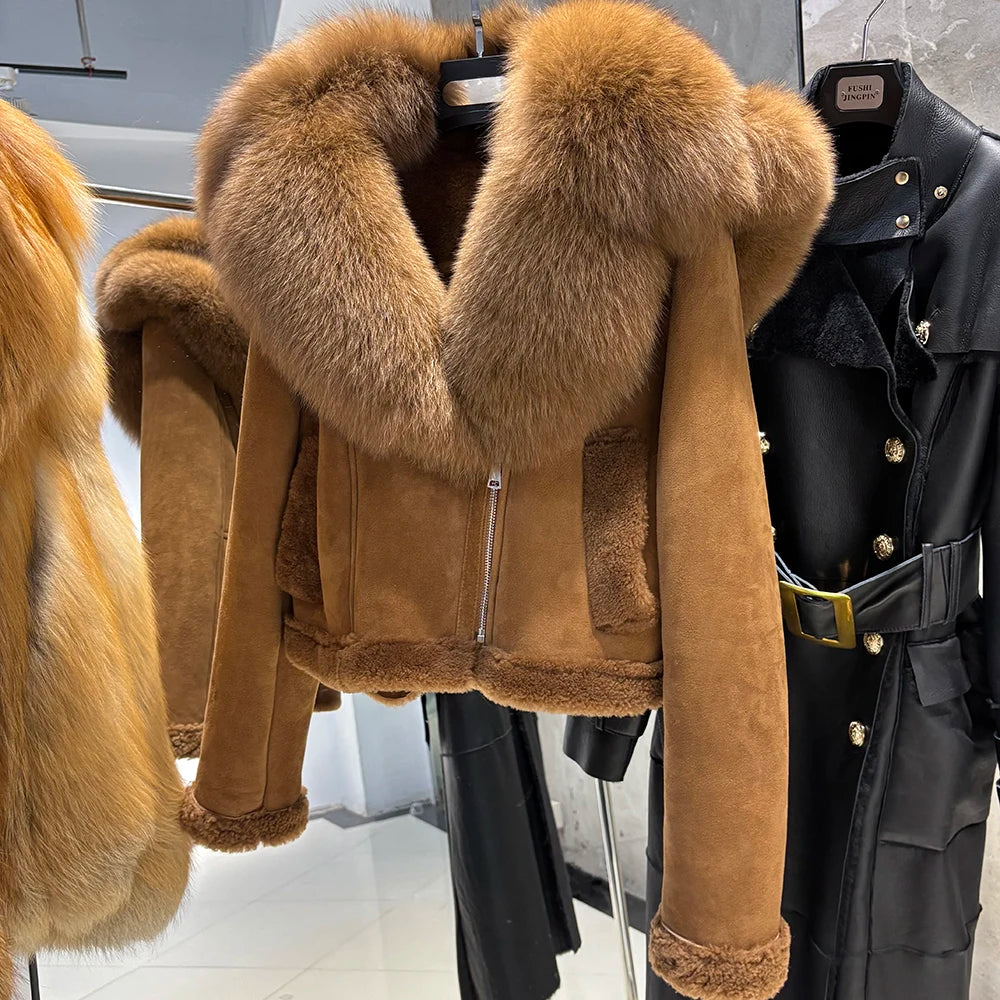 YOLOAgain Burgundy Shearling Jacket With Hood Women 2025 Winter Real Leather Jacket Coat