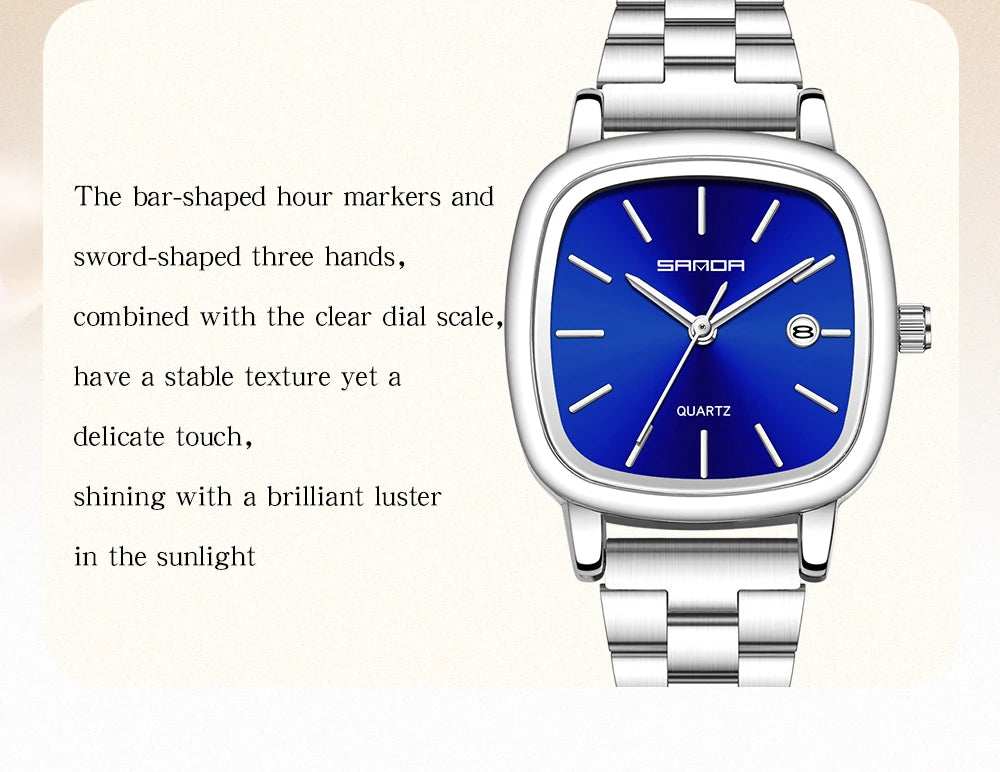 Sanda 2026 Couple Quartz Watch Men's and Women's Square Watch 3ATM Waterproof Calendar Simple and Elegant Women's Watch 3278