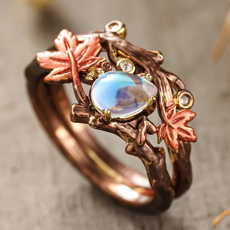 Huitan Leaf Design Women Rings with Pear Imitation Moonstone Exquisite Female Maple Leaf Finger-ring Daily Party Fashion Jewelry