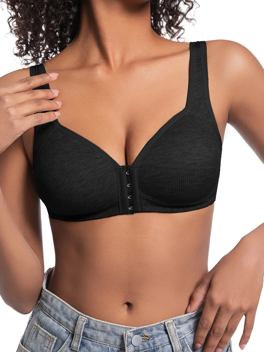 Women's Bra Wire-Free Front Closure Solid Color Full Coverage Fixed Cups More Considerate for Middle-Aged And Elderly Individual
