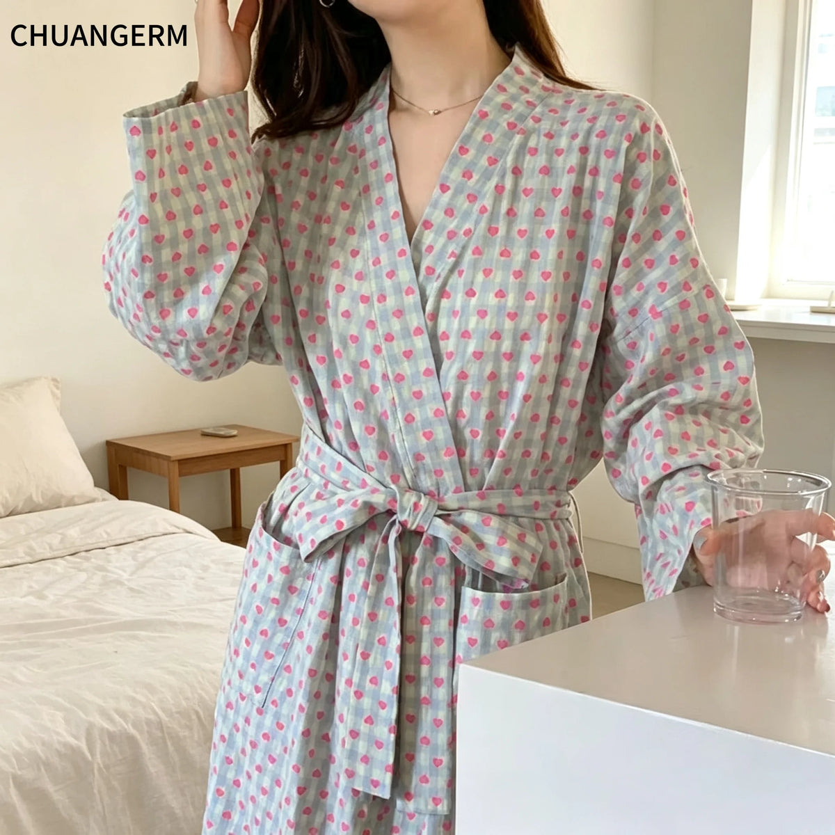 CHUANGERM Women Sweet Plaid Long Sleeve V‑Neck Lace Up Loose Medium‑Long Robe Comfortable Sexy Home Wear Loungewear