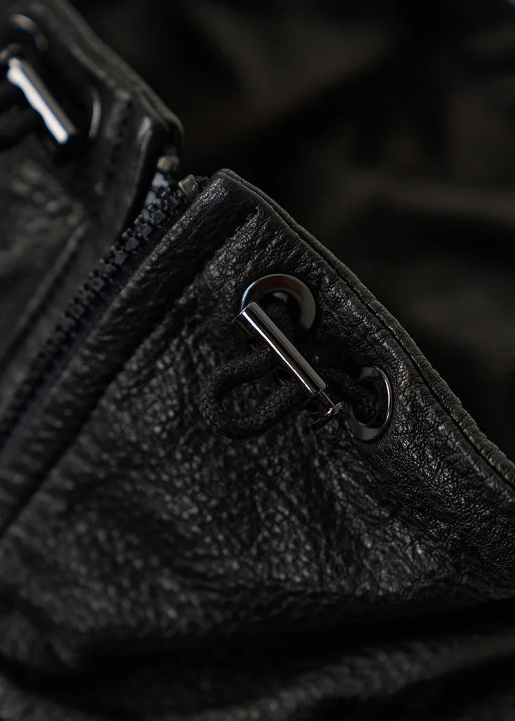 Real Leather Jacket Women Autumn High Stand Collar Drawstring Double Zippers Locomotive Retro Short Sheepskin Coat Kurtka Damska
