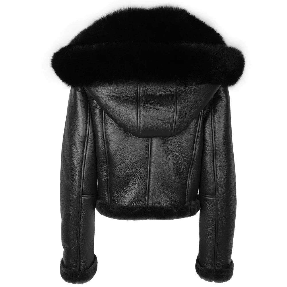 YOLOAgain Burgundy Shearling Jacket With Hood Women 2025 Winter Real Leather Jacket Coat