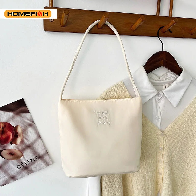 Embroidered Nylon Bucket Bag, Japanese Style Commuter Single Shoulder Bag, Fashion Spring Summer Small Square Handbag for Women