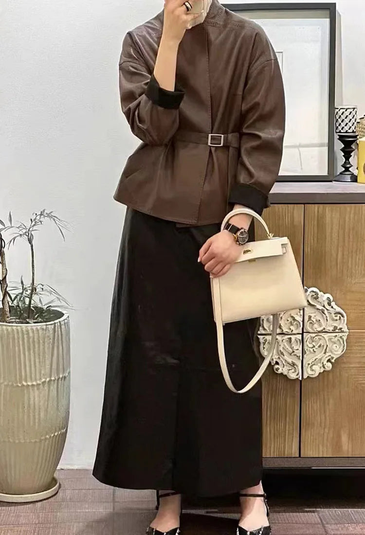 Japanese Style 2025 New Sheepskin Leather Coat for Women Elegant Square Neck Veins Skin Belt Short Jackets Coffee Jaqueta Couro