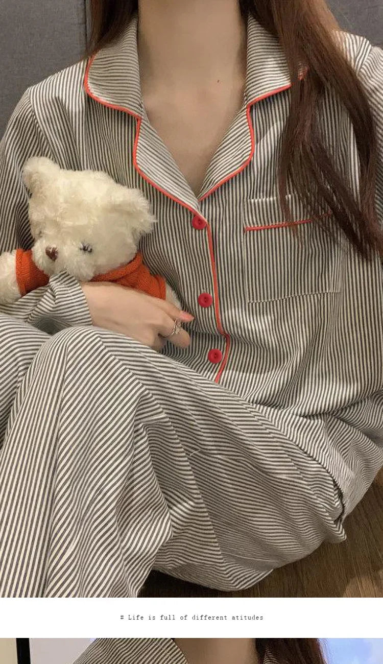 Women's Long Sleeve Loose Breathable Student Sleepwear Loungewear Cardigan Gray Striped Ladies Stripe Fashion Pajamas Homewear