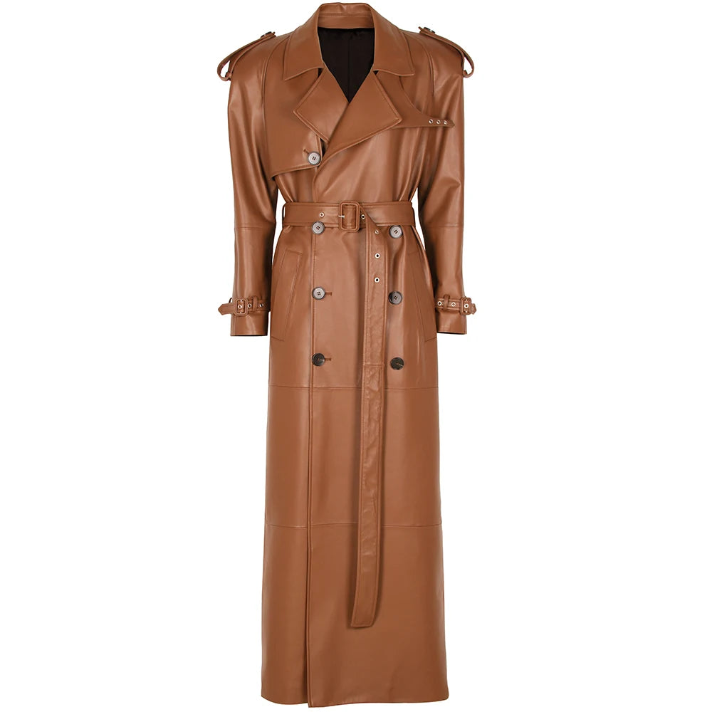 YOLOAgain 150cm Extra Length Real Leather Trench Coat Women Double Breasted Suede Coat Female