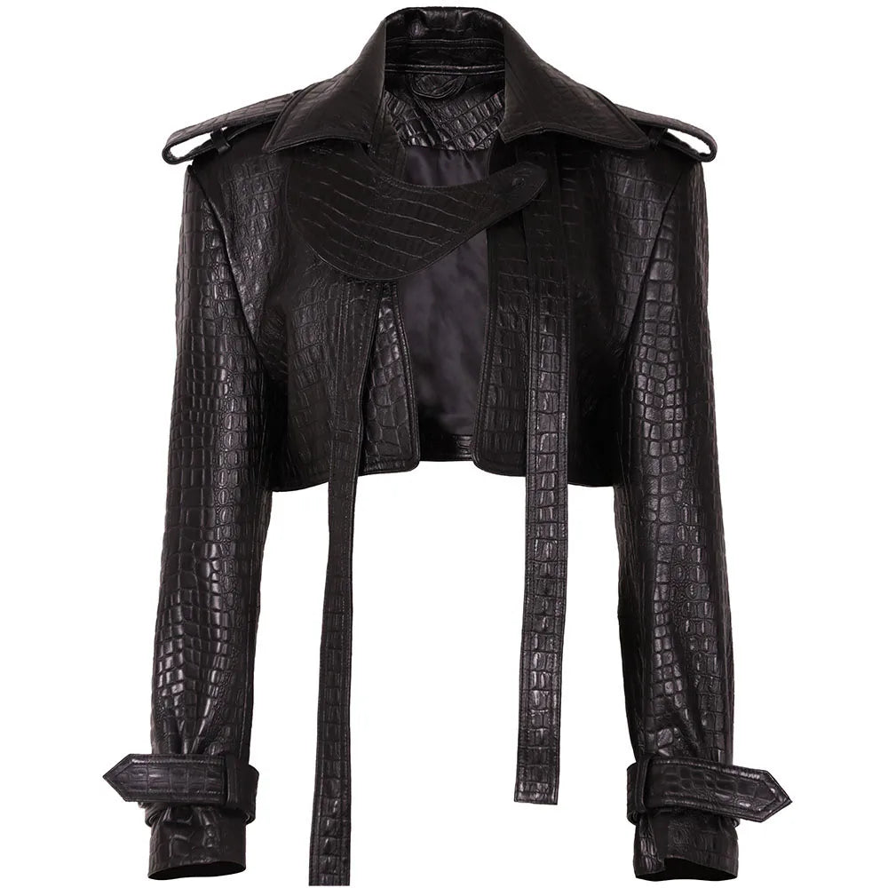 YOLOAgain Croc Pattern Real Leather Cropped Jacket Women Genuine Leather Jacket Female Streetwear