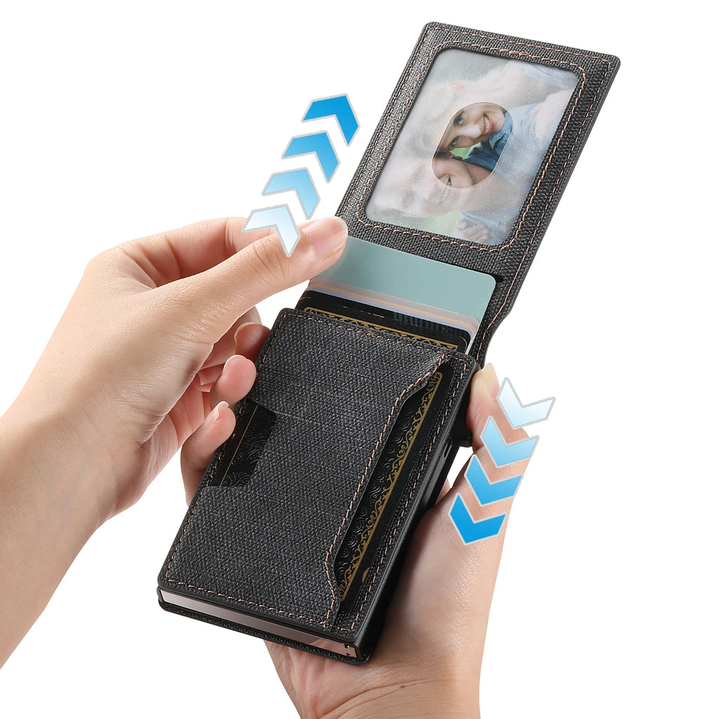 Push-out Card High Quality Faux Leather Card Holder Wallet Holder Large Capacity Can Hold 1-12 Cards 1 Photo Black/Brown/Blue