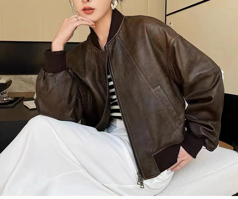 Leather Cropped Bomber Jacket For Women 2025 Winter European Old Money Designer Female Distressed Sheepskin Short Coat Outwear