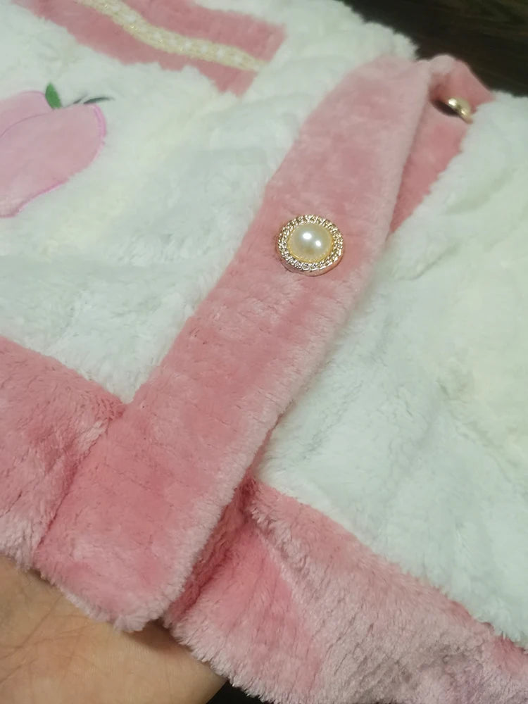 Thickened Warm Pink Peach Coral Velvet Pajamas 2PCS Set Winter Ladies Cardigan Nightwear Homewear Sweet Sleepwear Loungewear