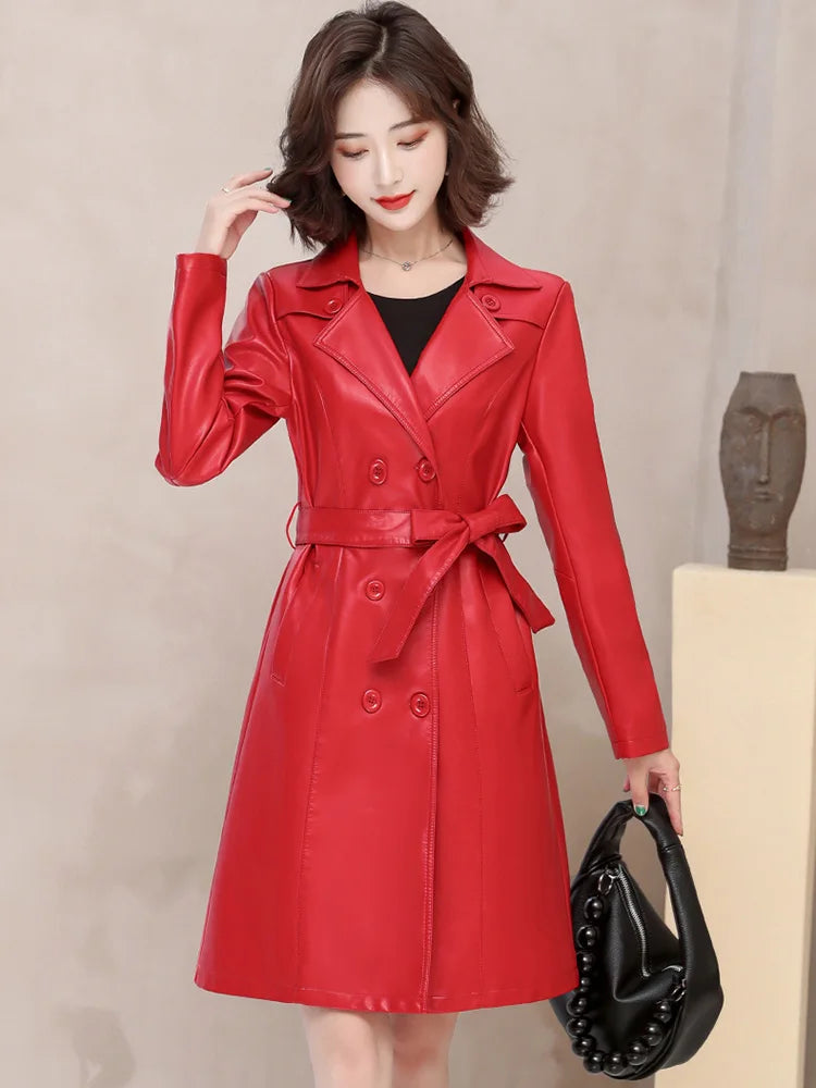 2026 Spring Autumn Sheep Leather Long Trench Coat Women Double Breasted Slim Trench Coat Female Outwear Fashion Windbreaker