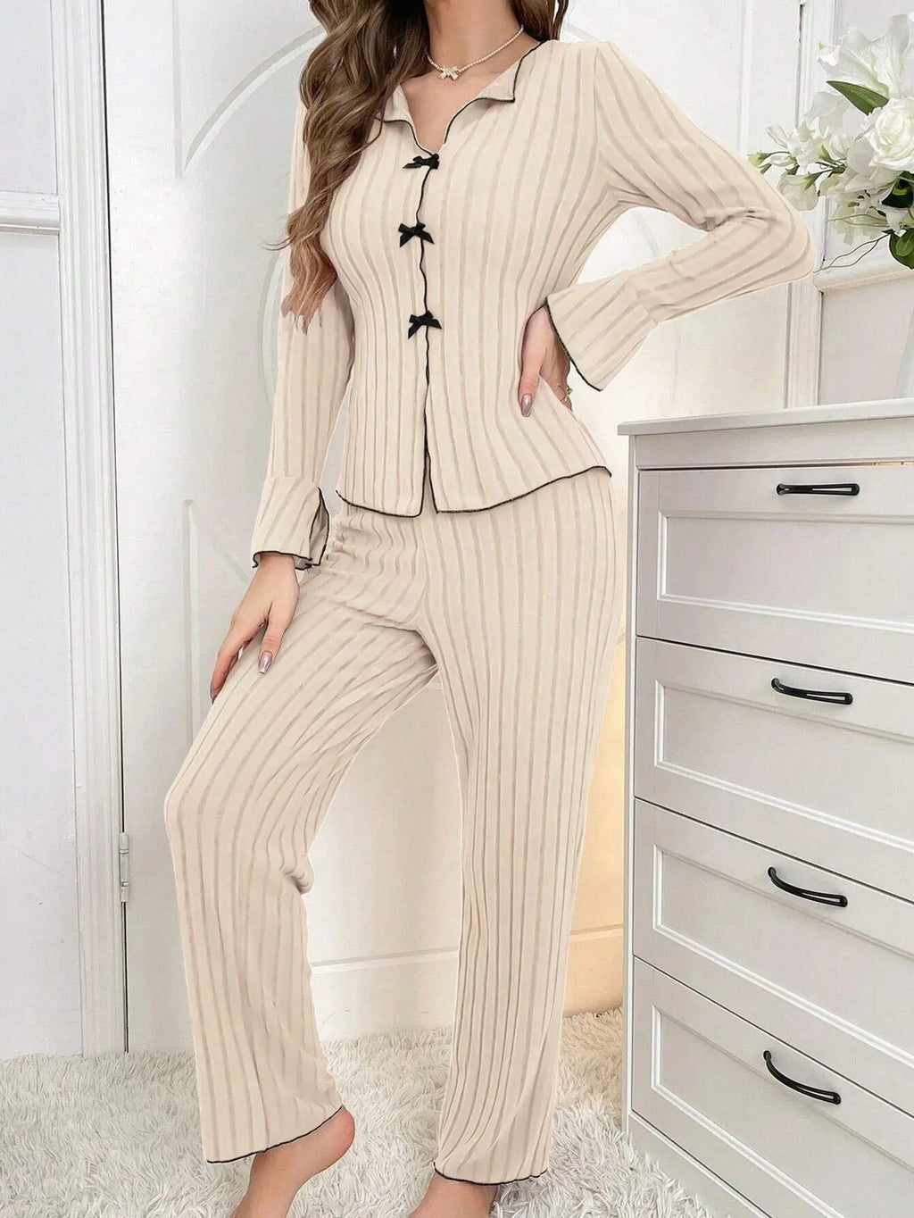 2-Piece Women's Autumn and Winter Pure Color Elegant Bow Women's Simple Long-Sleeved Pants Pajama Set Leisure home clothing