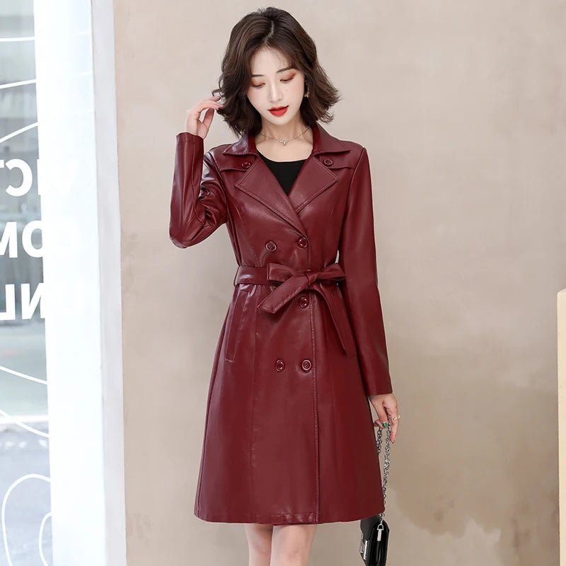 2026 Spring Autumn Sheep Leather Long Trench Coat Women Double Breasted Slim Trench Coat Female Outwear Fashion Windbreaker