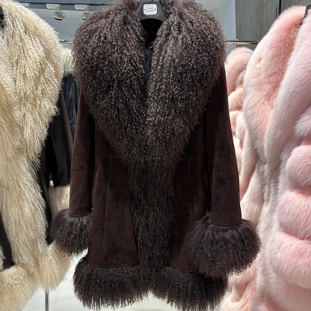 YOLOAgain Mongolia Sheep Fur Jacket Women Real Leather Coat Suede Jacket