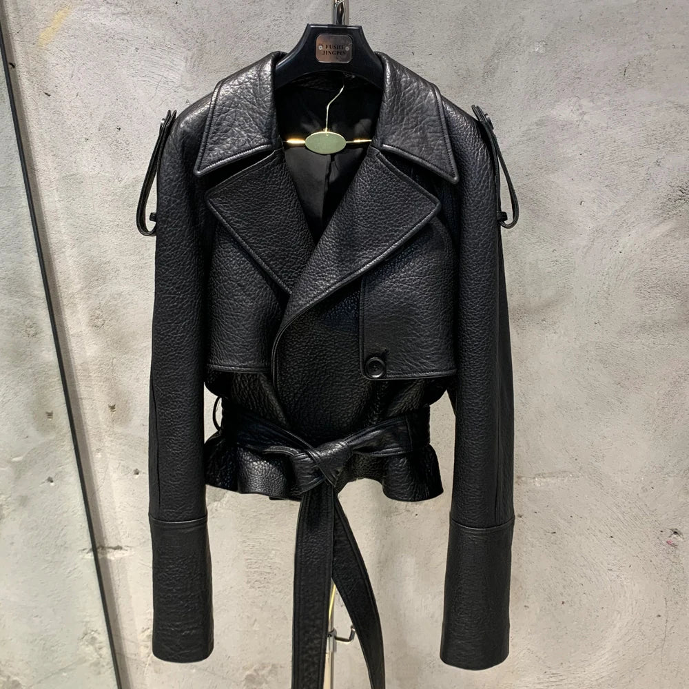 Women Casul Leather Jackets Short Windbreak Design Genuine Grained Sheep Leather Coats Lady