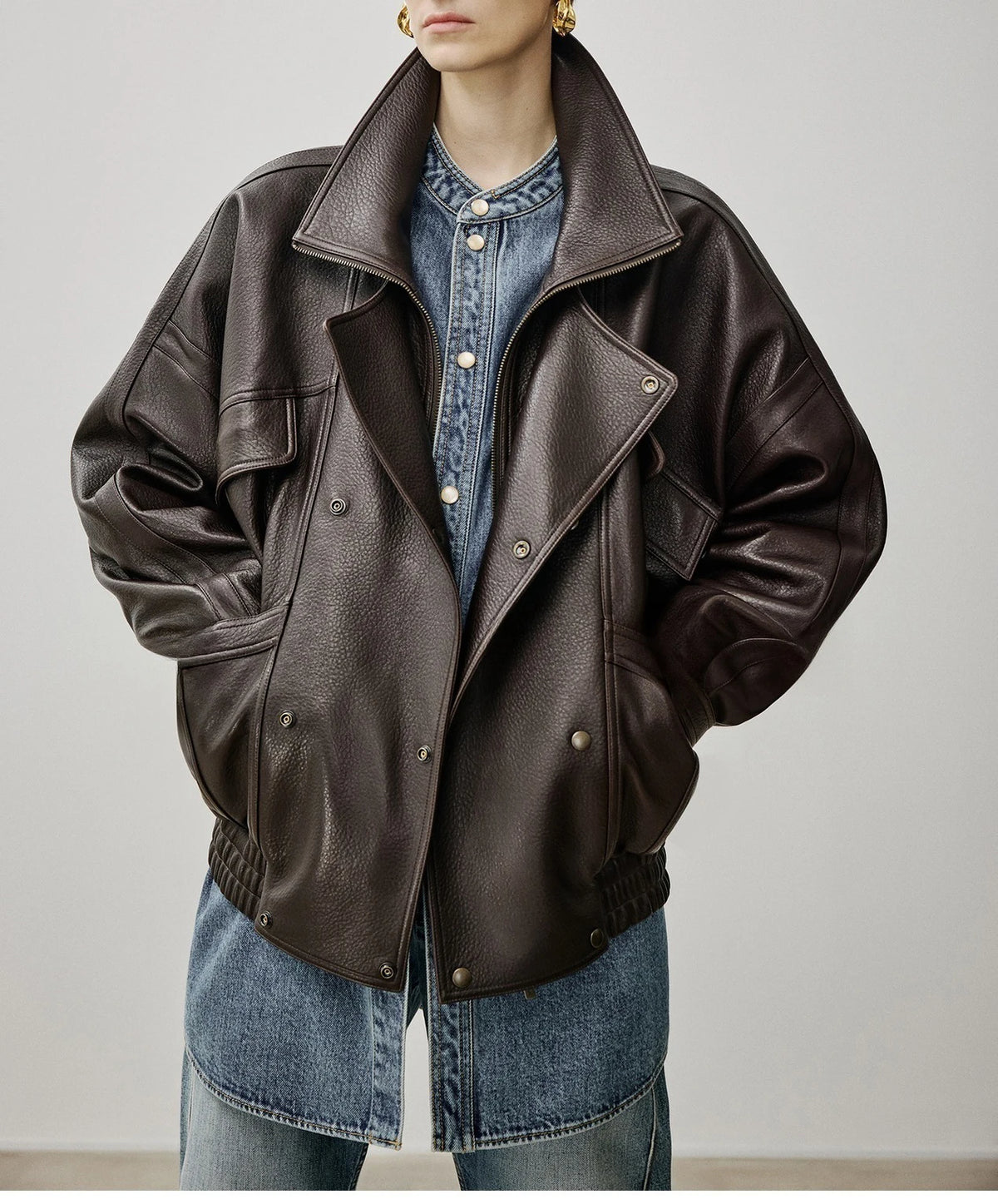 Brown Sheepskin Bubble Skin Coat Female Retro Double Layer Collar Double Breasted Zipper Loose Leather Jacket Winter Outerwear