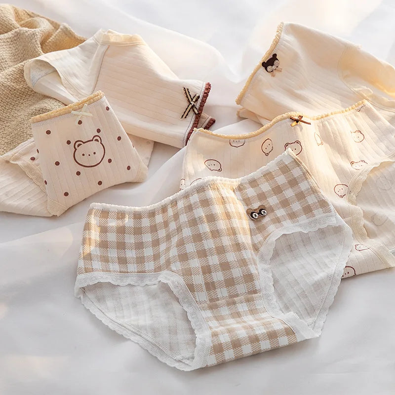 5Pcs/set Women Cotton Panties Cartoon Girls Briefs Mid Waist Underwear Shorts Soft Breathable Panty Sexy Intimates Lingerie M-XL