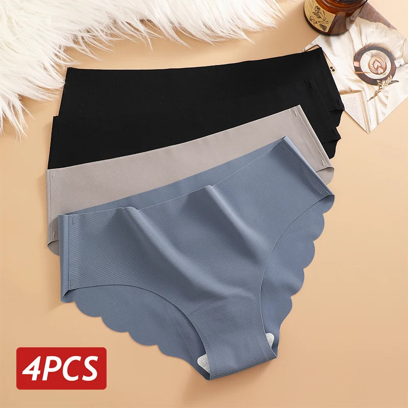 Ice Silk Seamless Panties 4PCS/Set Women's Briefs Solid Color Elastic Underwear Female Ultra Thin No Trace Wavy Side Panties