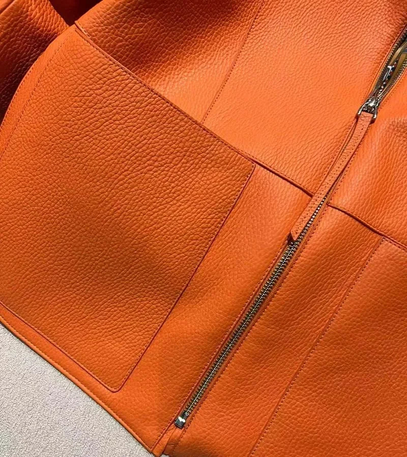 New Fashion 2026 Women Coat Spring Orange Import Real Sheepskin Jacket Floral Pattern Lining Short Length Big Pockets