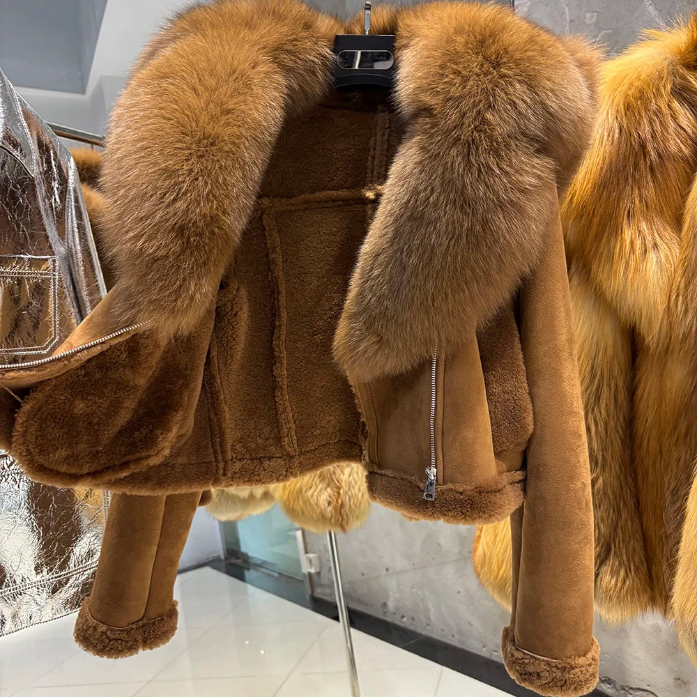 YOLOAgain Burgundy Shearling Jacket With Hood Women 2025 Winter Real Leather Jacket Coat