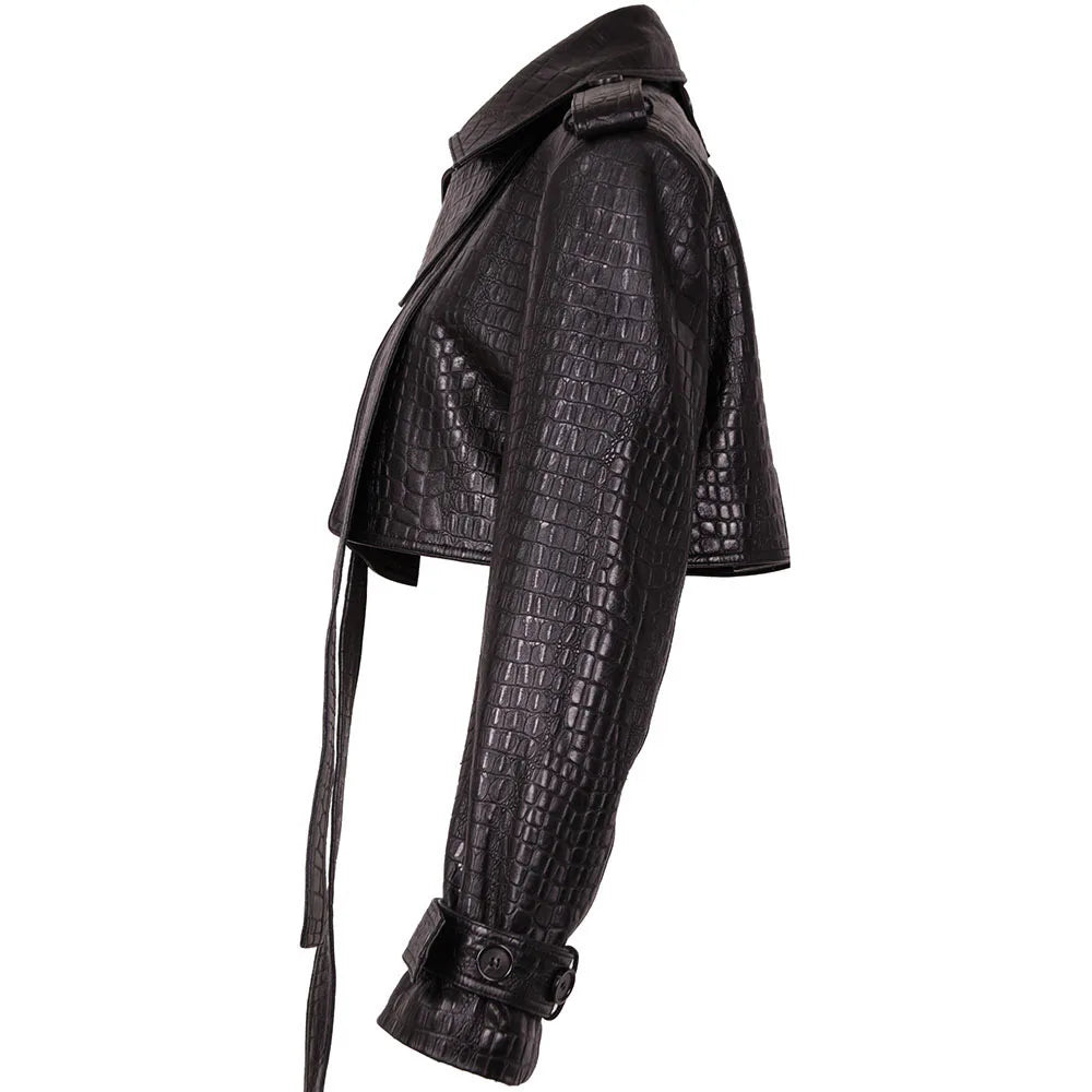 YOLOAgain Croc Pattern Real Leather Cropped Jacket Women Genuine Leather Jacket Female Streetwear