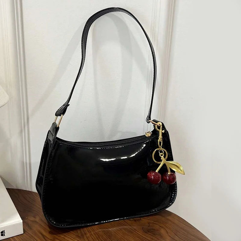 Women's PU Leather Handbag Versatile Fashion Solid Color Cherry Pendant Shoulder Bag Casual Commuting Bag Underarm Bag