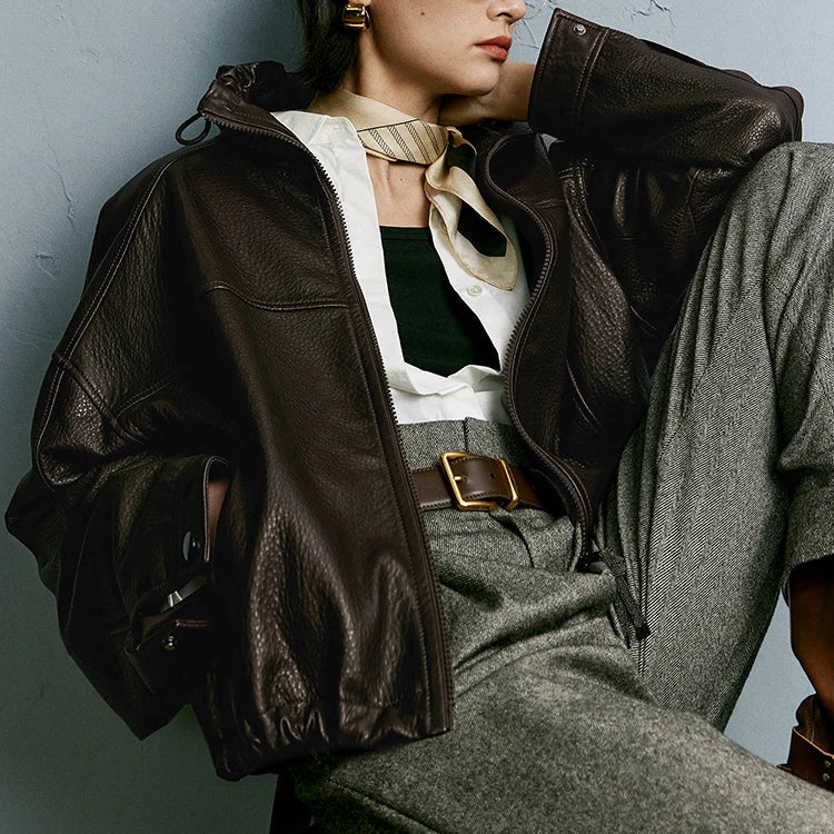 Real Leather Jacket Women Autumn High Stand Collar Drawstring Double Zippers Locomotive Retro Short Sheepskin Coat Kurtka Damska