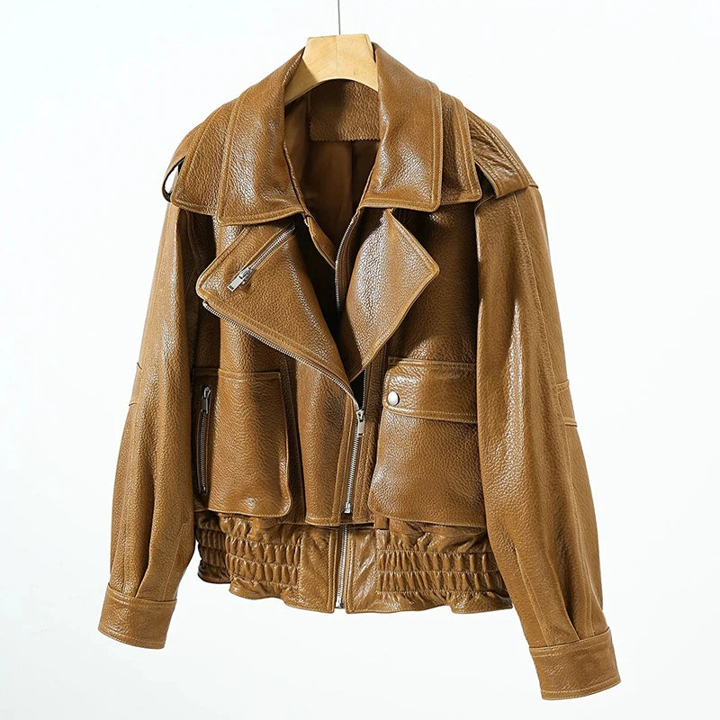 Leather Coat Autumn Winter Women Vintage Fashion Double Collar Lychee Pattern Sheepskin Bubble Leather Zipper Motorcycle Jacket