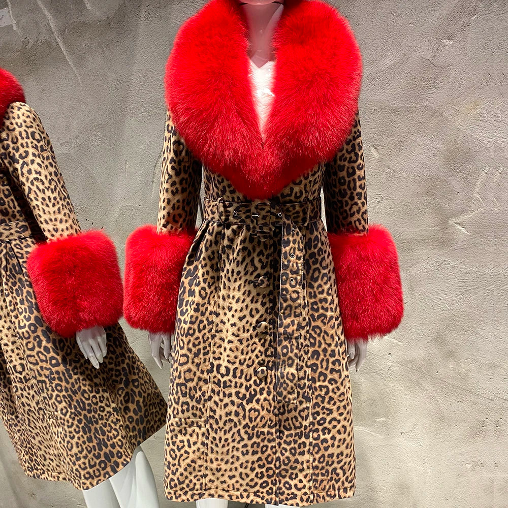 YOLOAgain Burgundy Real Fox Fur Collar Leather Trench Coat Women Genuine Leather Jacket Long Female